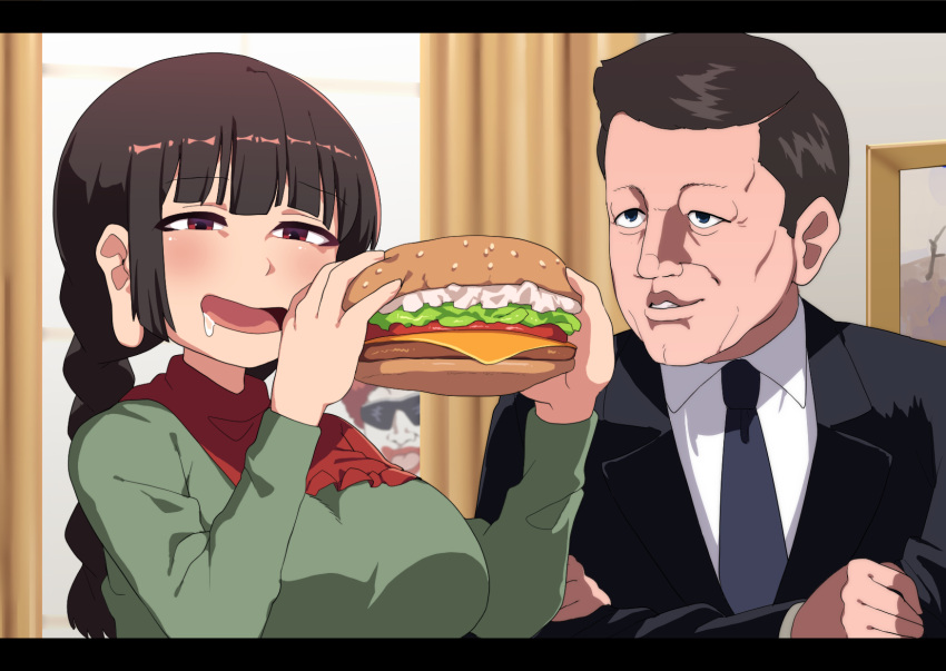 1girl 2boys bangs black_jacket black_necktie blazer blunt_bangs blush braid breasts brown_hair burger cheese collared_shirt commentary_request cookie_(touhou) curtains dress eyebrows_visible_through_hair food formal fuka_(kantoku) green_dress green_tea_(cookie) highres jacket john_f._kennedy large_breasts letterboxed lettuce long_earlobes long_hair long_sleeves mcdonald's multiple_boys necktie open_mouth real_life red_eyes red_scarf redhead ronald_mcdonald saliva scarf shirt short_hair smile suit sunglasses tea tomato touhou twin_braids upper_body white_shirt yatadera_narumi