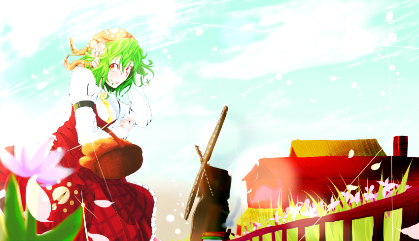 1girl ascot bandana basket bread earrings eyebrows_visible_through_hair food green_hair hair_between_eyes hair_ornament hand_in_own_hair highres holding house itocoh jewelry kazami_yuuka looking_at_viewer medium_hair outdoors petals plaid plaid_skirt plaid_vest skirt smile solo touhou vest wheat wheat_field windmill yellow_eyes