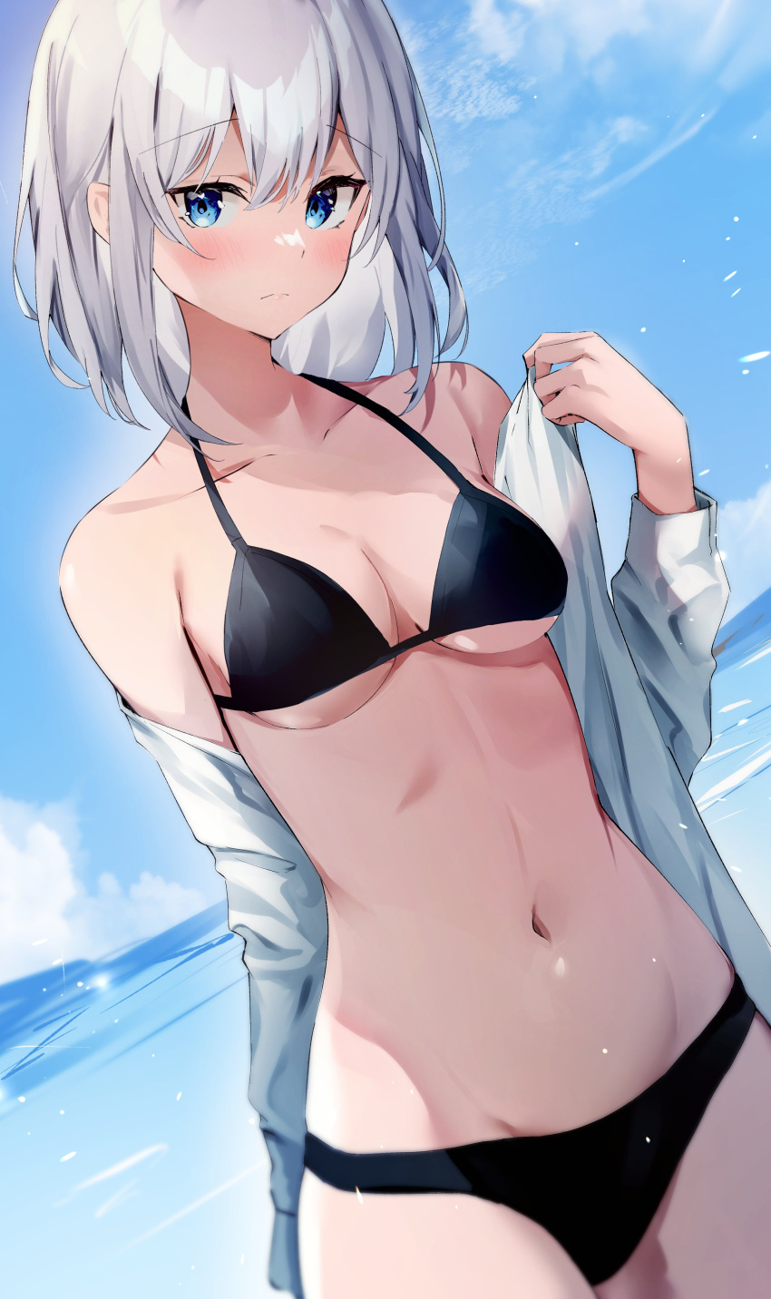 1girl absurdres bikini black_bikini blue_eyes blue_sky blush breasts closed_mouth day grey_hair hand_up highres long_sleeves looking_at_viewer medium_breasts nanashinayuzu_mochi navel ocean off_shoulder open_clothes open_shirt original outdoors shirt sky solo standing stomach swimsuit white_shirt