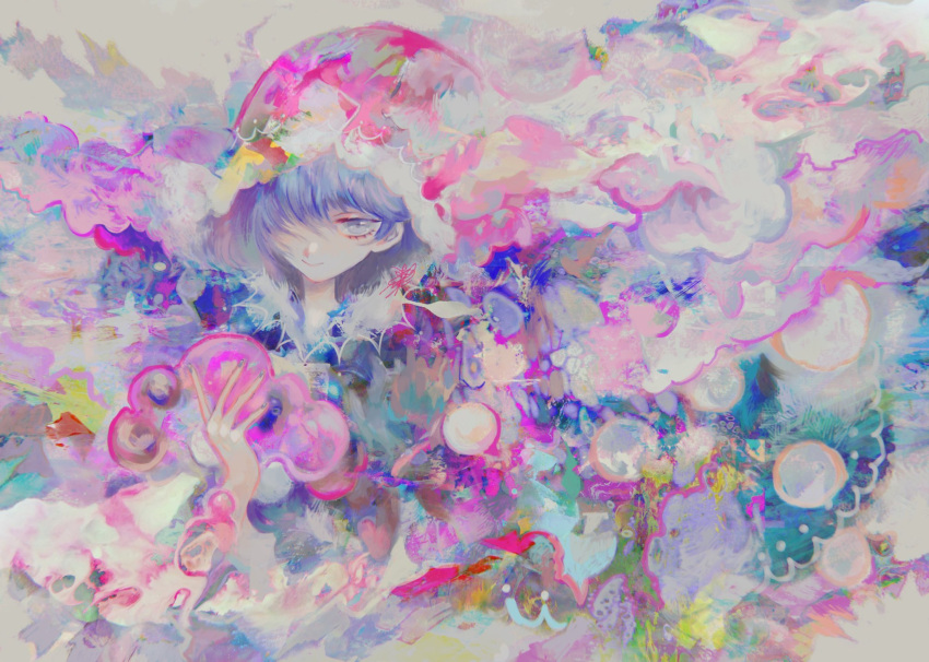 1girl abstract blue_eyes blue_hair commentary doremy_sweet dream_soul fu~ai hat highres looking_at_viewer nightcap one-hour_drawing_challenge one_eye_covered red_headwear short_hair smile solo touhou traditional_media upper_body