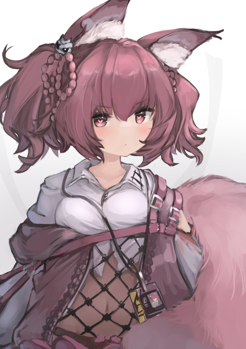 1girl absurdres animal_ear_fluff animal_ears arknights black_legwear blush bow bow_panties breasts burnt_clothes collared_shirt cropped_shirt eyebrows_visible_through_hair fox_ears fox_girl fox_tail hair_between_eyes hair_ornament heart heart-shaped_pupils highres id_card long_sleeves looking_at_viewer panties pink_eyes pink_skirt pink_vest scowl see-through shamare_(arknights) shirt short_hair short_twintails simple_background skirt skull_hair_ornament small_breasts solo symbol-shaped_pupils tail teruriu twintails underwear upper_body vest white_background white_shirt