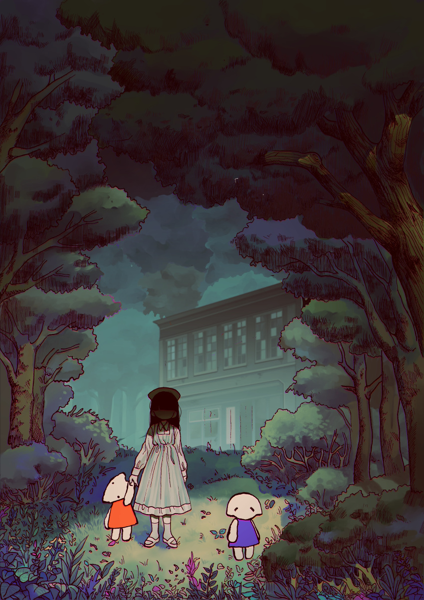 1girl abandoned absurdres bangs black_hair broken_window building calf_socks child dress faceless flower forest highres holding_hands horror_(theme) kirara_yakubou long_hair long_sleeves mary_janes nature original outdoors pinafore_dress scenery shaded_face shoes solo stuffed_toy tree