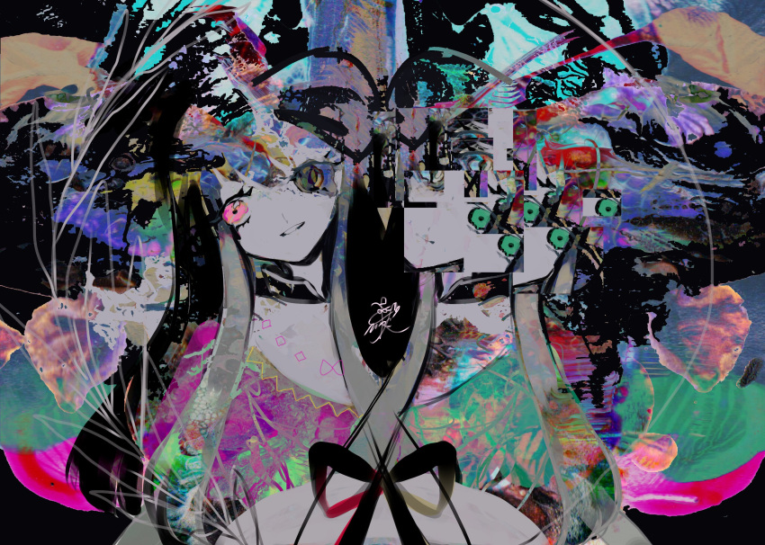 2girls abstract collar commentary_request dress fu~ai glitch green_dress green_eyes highres looking_at_viewer multiple_girls myouga_(plant) nishida_satono one_eye_covered pink_dress pink_eyes psychedelic short_hair_with_long_locks signature smile teireida_mai touhou upper_body white_collar