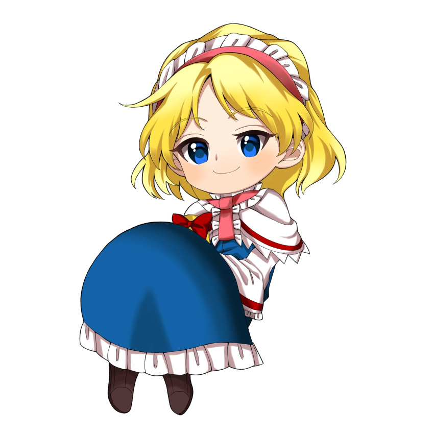 1girl alice_margatroid ascot black_footwear blonde_hair blue_dress blue_eyes boots bow capelet chibi commentary_request doll dress frilled_ascot frilled_dress frills full_body hair_bow hairband harukawa_moe_(style) highres keiki8296 lolita_hairband long_dress long_hair long_sleeves minigirl pink_ascot pink_hairband red_bow shanghai_doll short_hair solo touhou