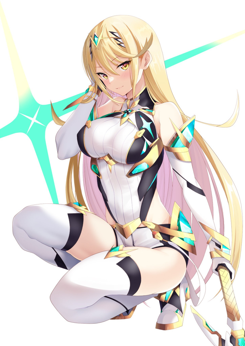 1girl adapted_costume aegis_sword_(xenoblade) bangs blonde_hair breasts chest_jewel daive earrings elbow_gloves gloves highres jewelry large_breasts long_hair mythra_(xenoblade) short_shorts shorts solo swept_bangs sword thigh-highs tiara very_long_hair weapon white_gloves xenoblade_chronicles_(series) xenoblade_chronicles_2 yellow_eyes