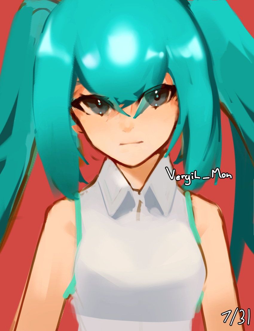 1girl absurdres bare_shoulders blue_hair closed_mouth collared_shirt dated grey_eyes hatsune_miku highres looking_at_viewer red_background shirt signature simple_background sleeveless sleeveless_shirt solo twintails vergil_mon vocaloid white_shirt wing_collar