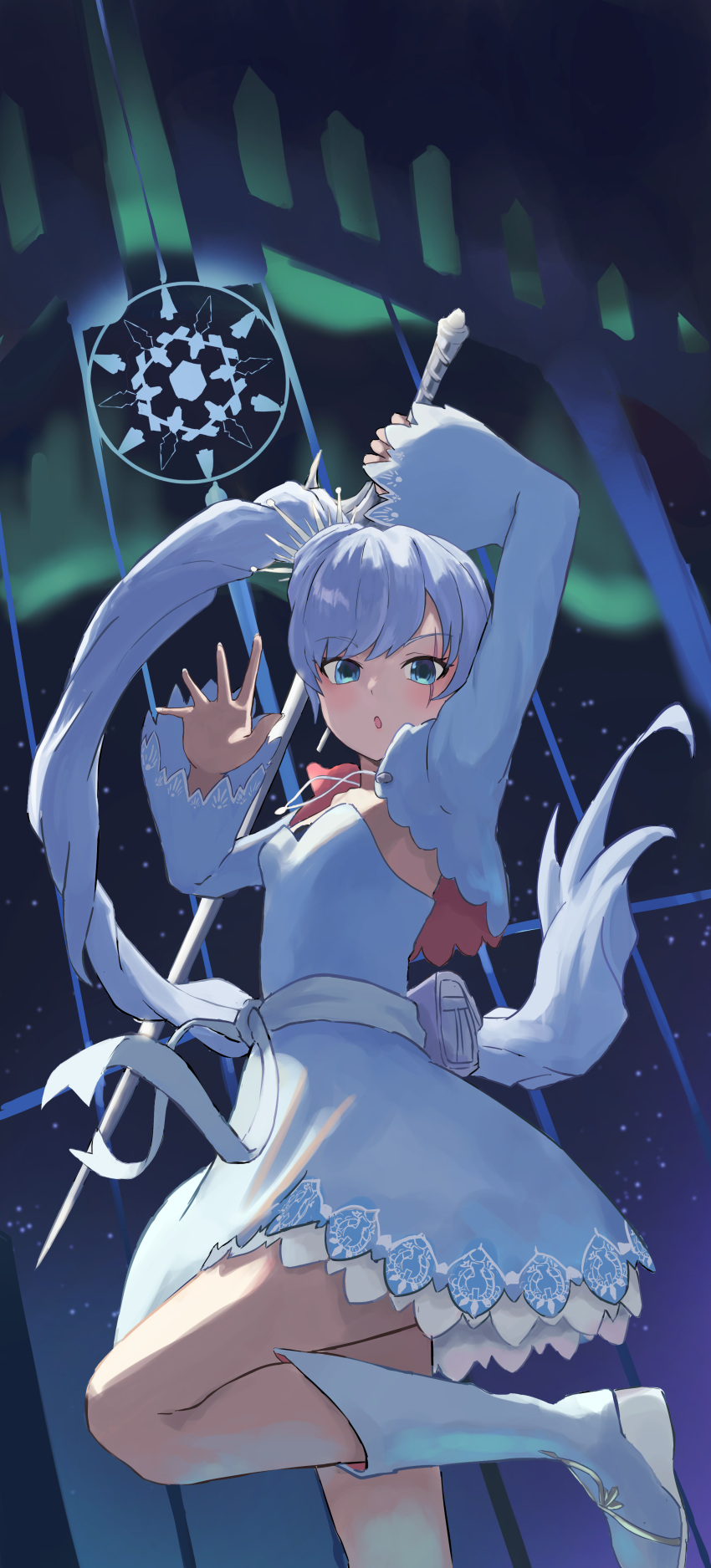 1girl :o absurdres arm_up bangs blue_eyes boots breasts cropped_jacket dress eyebrows_visible_through_hair floating_hair hair_ornament hand_up highres holding holding_sword holding_weapon jacket jewelry knee_boots long_hair looking_at_viewer myrtenaster necklace night night_sky open_hand open_mouth pouch rapier rwby ryoha_kosako sash scar scar_across_eye side_ponytail sky small_breasts snowflakes solo standing standing_on_one_leg sword tiara two-sided_fabric two-sided_jacket very_long_hair weapon weiss_schnee white_dress white_footwear white_hair