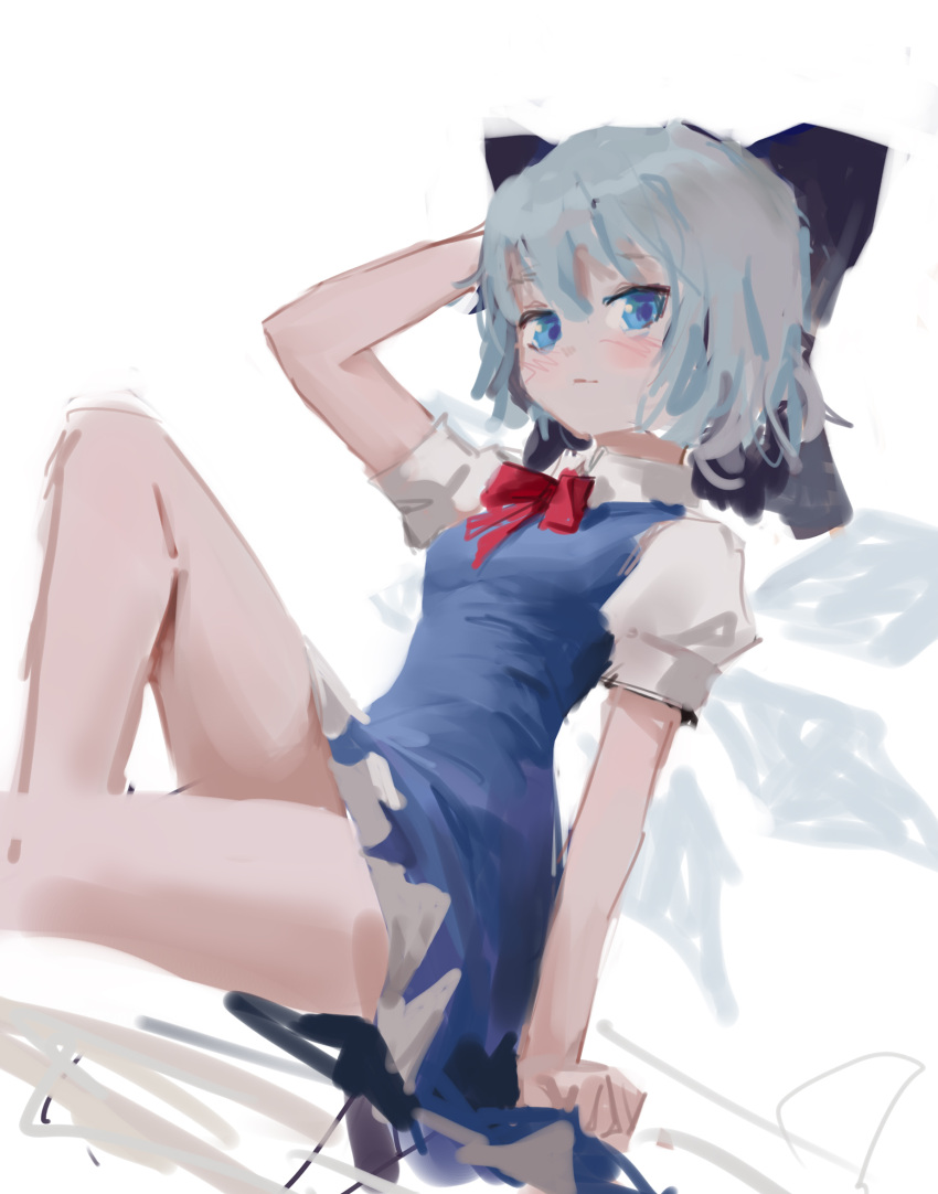 1girl arm_behind_head arm_support arm_up bangs bare_legs blue_bow blue_dress blue_eyes blue_hair blush bow bowtie cirno closed_mouth dress dutch_angle feet_out_of_frame from_side hair_bow highres invisible_chair knee_up large_bow light_smile looking_at_viewer looking_to_the_side no_lineart pinafore_dress puffy_short_sleeves puffy_sleeves red_bow red_bowtie reddizen short_dress short_hair short_sleeves sitting sketch solo thighs touhou white_background wing_collar