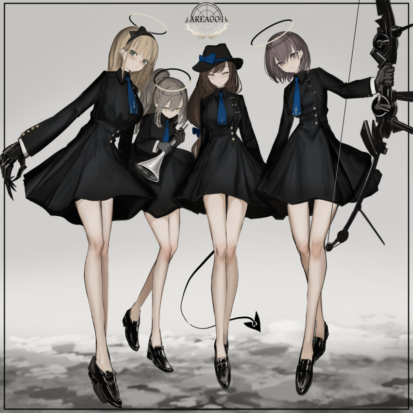 4girls black_dress black_footwear black_gloves blonde_hair blue_necktie bob_cut bow bow_(weapon) brown_hair closed_mouth demon_tail dress gloves green_eyes grey_eyes grey_hair halo highres holding holding_bow holding_bow_(weapon) holding_instrument holding_weapon instrument loafers long_hair long_legs long_sleeves looking_at_viewer mechanical_arms medium_hair multiple_girls narue necktie original ponytail shoes short_dress smile tail trumpet weapon