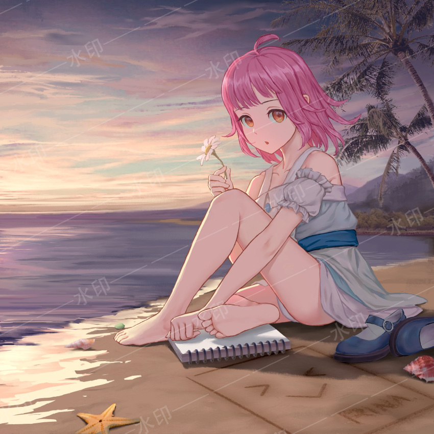 &gt;_&lt; :&gt; ahoge bangs barefoot beach blue_dress blue_footwear blue_sky character_name chestnut_mouth clouds collarbone commentary_request daisy detached_sleeves dress eyebrows feet flower frilled_sleeves frills highres holding holding_flower legs looking_at_viewer love_live! love_live!_nijigasaki_high_school_idol_club ocean on_floor palm_tree panties pantyshot pink_hair pppandy sand_writing shoes shoes_removed short_hair sidelocks sitting sketchbook sky snail_shell solo starfish sunset tennouji_rina thighs tree underwear white_panties yellow_eyes