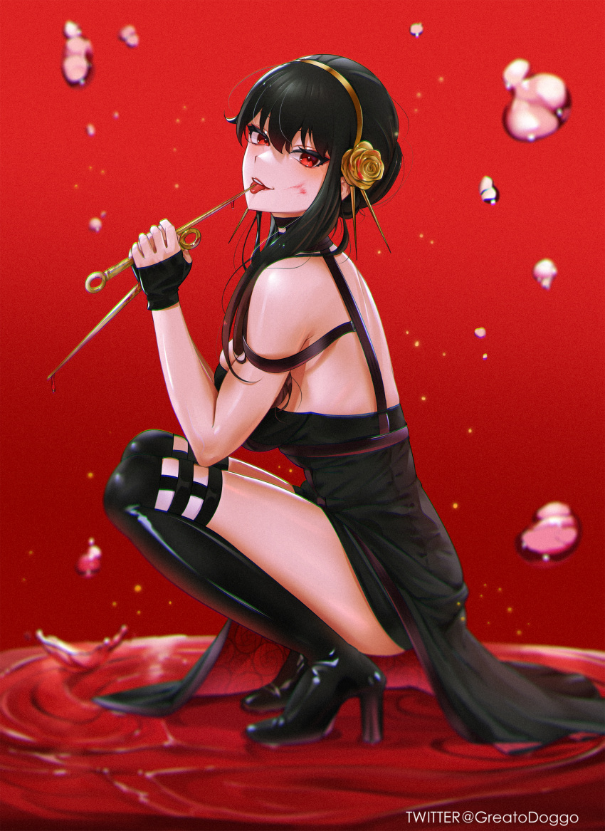 1girl absurdres bangs black_dress black_gloves black_hair black_legwear blood blood_stain boots breasts dagger dress fingerless_gloves floral_print flower from_side full_body gloves gold_hairband greatodoggo hair_flower hair_ornament high_heel_boots high_heels highres holding holding_dagger holding_weapon knife large_breasts licking long_hair looking_at_viewer looking_to_the_side pool_of_blood red_background red_eyes rose rose_print sidelocks solo spikes spy_x_family squatting thigh-highs thigh_boots thighs tongue tongue_out twitter_username two-sided_dress two-sided_fabric water_drop weapon yor_briar