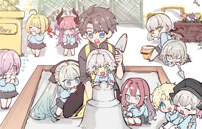 2boys 6+girls :3 ahoge alternate_costume apron artoria_pendragon_(fate) bangs black_bow black_hair black_headwear black_pants black_skirt blonde_hair blue_eyes blue_shirt blush blush_stickers bow braid bucket closed_eyes closed_mouth commentary_request curled_horns dragon_horns elizabeth_bathory_(fate) elizabeth_bathory_(fate/extra_ccc) fairy_knight_tristan_(fate) fate/apocrypha fate/extra fate/extra_ccc fate/grand_order fate/requiem fate_(series) flower flying_sweatdrops french_braid fujimaru_ritsuka_(male) green_eyes grey_eyes hair_between_eyes hair_bow hair_bun hair_intakes hair_over_one_eye hair_ribbon hat highres holding holding_flower horns jack_the_ripper_(fate/apocrypha) jeanne_d'arc_alter_(avenger)_(fate) jeanne_d'arc_alter_(fate) kindergarten kindergarten_teacher kindergarten_uniform kneeling light_purple_hair long_hair long_sleeves mash_kyrielight morgan_le_fay_(fate) multiple_boys multiple_girls nero_claudius_(fate) nero_claudius_(fate/extra) nursery_rhyme_(fate) one_eye_closed one_eye_covered open_mouth pants pleated_skirt ponytail purple_hair red_ribbon redhead ribbon saber_alter sand_castle sand_sculpture shirt short_hair side_braid sidelocks sitting sitting_on_person skirt sleeves_rolled_up smile souse_me tearing_up teeth trowel uniform upper_teeth very_long_hair violet_eyes voyager_(fate) wavy_hair white_flower white_hair yellow_apron yellow_eyes younger