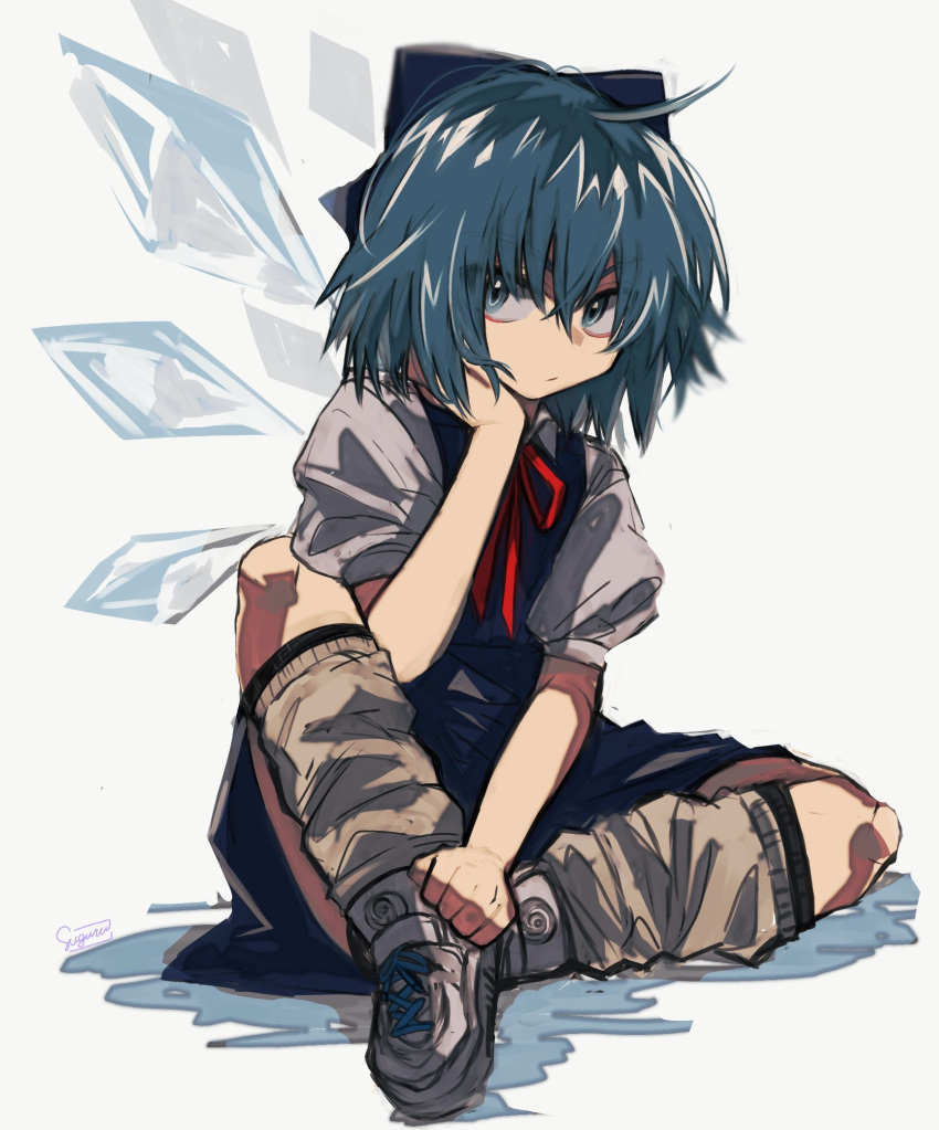 1girl :/ blue_bow blue_dress blue_eyes blue_hair bow brown_legwear cirno commentary cross-laced_footwear dress full_body hair_between_eyes hair_bow hand_on_own_cheek hand_on_own_face hand_on_own_leg highres ice ice_wings knees_apart_feet_together loose_socks neck_ribbon one-hour_drawing_challenge puffy_short_sleeves puffy_sleeves ribbon shirt shoes short_hair short_sleeves sideways_glance sitting sneakers solo torihada_ichirou touhou white_footwear white_shirt wings