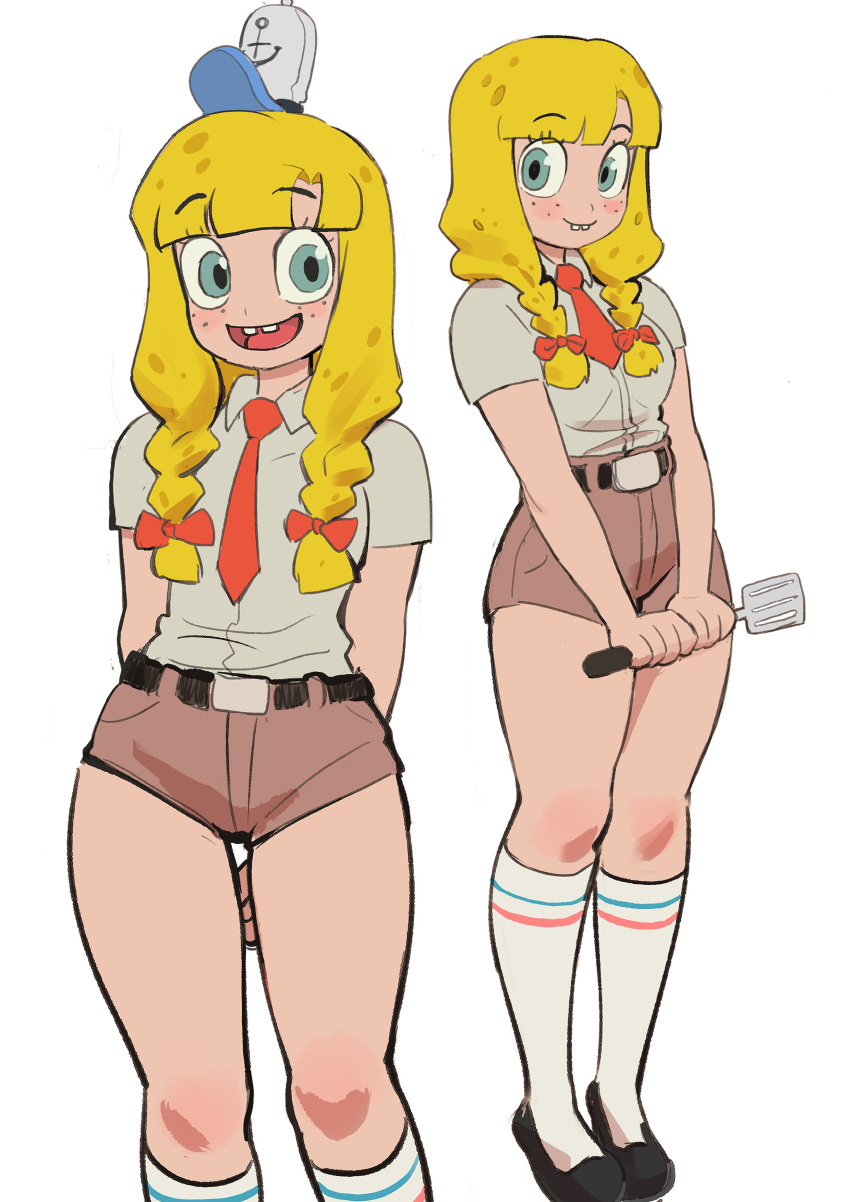 1girl :d absurdres anchor_symbol arms_behind_back bangs belt black_footwear blonde_hair blunt_bangs blush bow braid breasts brown_shorts buck_teeth closed_mouth collared_shirt colo_(nagrolaz) eyebrows_visible_through_hair flat_color freckles full_body genderswap genderswap_(mtf) green_eyes grey_shirt happy hat highres holding holding_spatula humanization kneehighs legs_together long_hair looking_to_the_side mini_hat multiple_views necktie open_mouth own_hands_together red_bow red_necktie shirt shirt_tucked_in shoes short_necktie short_shorts short_sleeves shorts sidelocks simple_background sketch small_breasts smile socks spatula spongebob_squarepants spongebob_squarepants_(character) standing teeth thighs twin_braids v_arms white_background white_headwear white_legwear