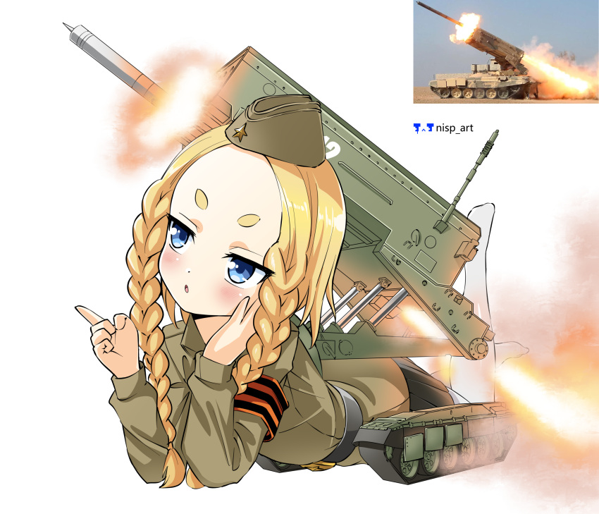 1girl absurdres blonde_hair blue_eyes braid child hat highres long_sleeves lying military military_uniform military_vehicle missile nisp_art original personification photo_inset ribbon_of_saint_george russian_commentary skirt solo thick_eyebrows tos1a_solntsepyok twin_braids uniform