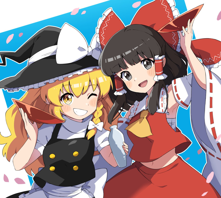 2girls :d ;d ascot bangs black_eyes black_hair black_headwear black_vest blonde_hair bow braid buttons cup detached_sleeves grin hair_bow hair_tubes hakurei_reimu hat hat_bow highres holding holding_cup kirisame_marisa looking_at_viewer miz_(mizillustration) multiple_girls navel one_eye_closed open_mouth petals red_bow red_shirt red_skirt ribbon-trimmed_sleeves ribbon_trim sakazuki shirt side_braid sidelocks single_braid skirt smile touhou vest white_bow white_shirt wide_sleeves witch_hat yellow_ascot yellow_eyes