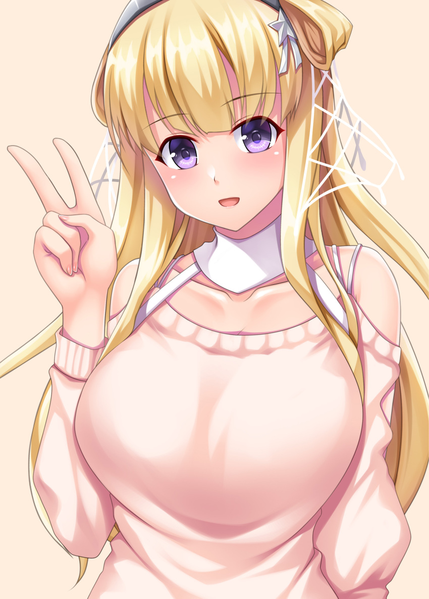 1girl absurdres blonde_hair blue_eyes blush breasts collarbone eyebrows_visible_through_hair fletcher_(kancolle) highres kantai_collection large_breasts long_hair long_sleeves open_mouth pink_background pink_sweater ruin_re_birth side_bun simple_background smile solo sweater upper_body v