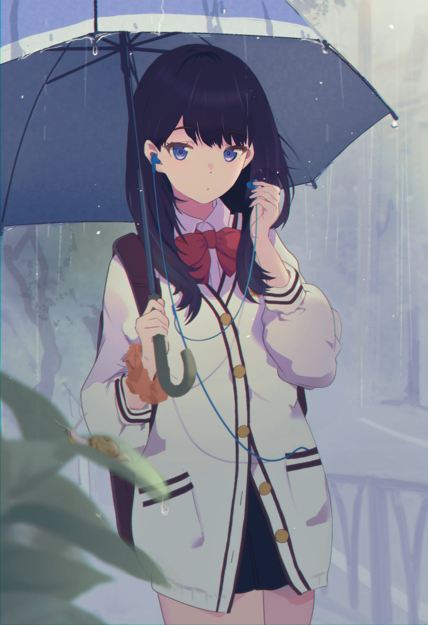 bangs bare_legs black_hair black_skirt blue_eyes bow bowtie cable cardigan cellphone collared_shirt earphones earphones gridman_universe highres lensu_(lotus36936936) listening_to_music long_hair long_sleeves lotus36936936 microskirt orange_scrunchie phone pleated_skirt rain red_bow red_bowtie school_uniform scrunchie shirt single_earphone_removed skirt smartphone ssss.gridman straight_hair takarada_rikka thighs umbrella white_cardigan white_shirt wrist_scrunchie