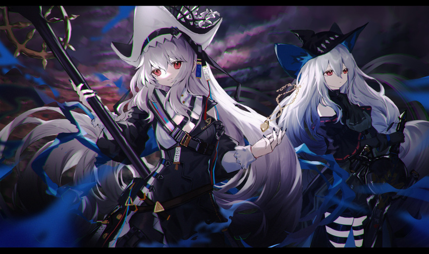 2girls arknights black_headwear black_shirt dark_background detached_sleeves elite_ii_(arknights) eyebrows_visible_through_hair grey_hair hair_between_eyes hat hat_ornament highres holding holding_staff holding_sword holding_weapon jewelry jewelry_removed letterboxed long_hair long_sleeves looking_at_viewer multiple_girls necklace necklace_removed official_alternate_costume red_eyes riinougat shirt skadi_(arknights) smile specter_(arknights) specter_the_unchained_(arknights) staff sword two-tone_shirt very_long_hair weapon white_shirt