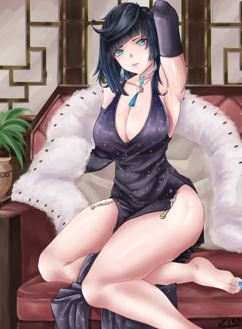 1girl absurdres arm_behind_head arm_up armpits artist_name asymmetrical_hair bangs bare_legs barefoot bead_necklace beads black_dress black_gloves black_hair blue_hair blue_nails breasts coat coat_removed couch diagonal_bangs dice dress earrings elbow_gloves english_commentary fur_coat garter_straps gem genshin_impact gloves gradient_hair green_eyes highres indoors jewelry large_breasts looking_at_viewer mole mole_on_breast multicolored_hair nail_polish necklace no_shoes parted_lips plant potted_plant short_dress short_hair side_slit sitting solo sparkle_print tassel thighs toenail_polish toenails yelan_(genshin_impact) zero88242521