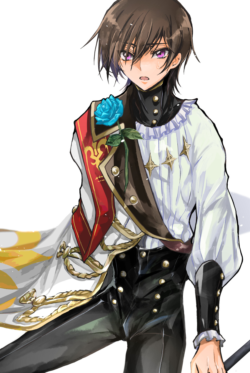 1boy absurdres black_pants blue_flower blue_rose brown_hair buttons code_geass collar flower frilled_collar frills hair_between_eyes high_collar highres leaf lelouch_lamperouge open_mouth ovo5922 pants puffy_sleeves rose sash shirt short_hair sitting solo sweatdrop upper_body violet_eyes white_background white_shirt