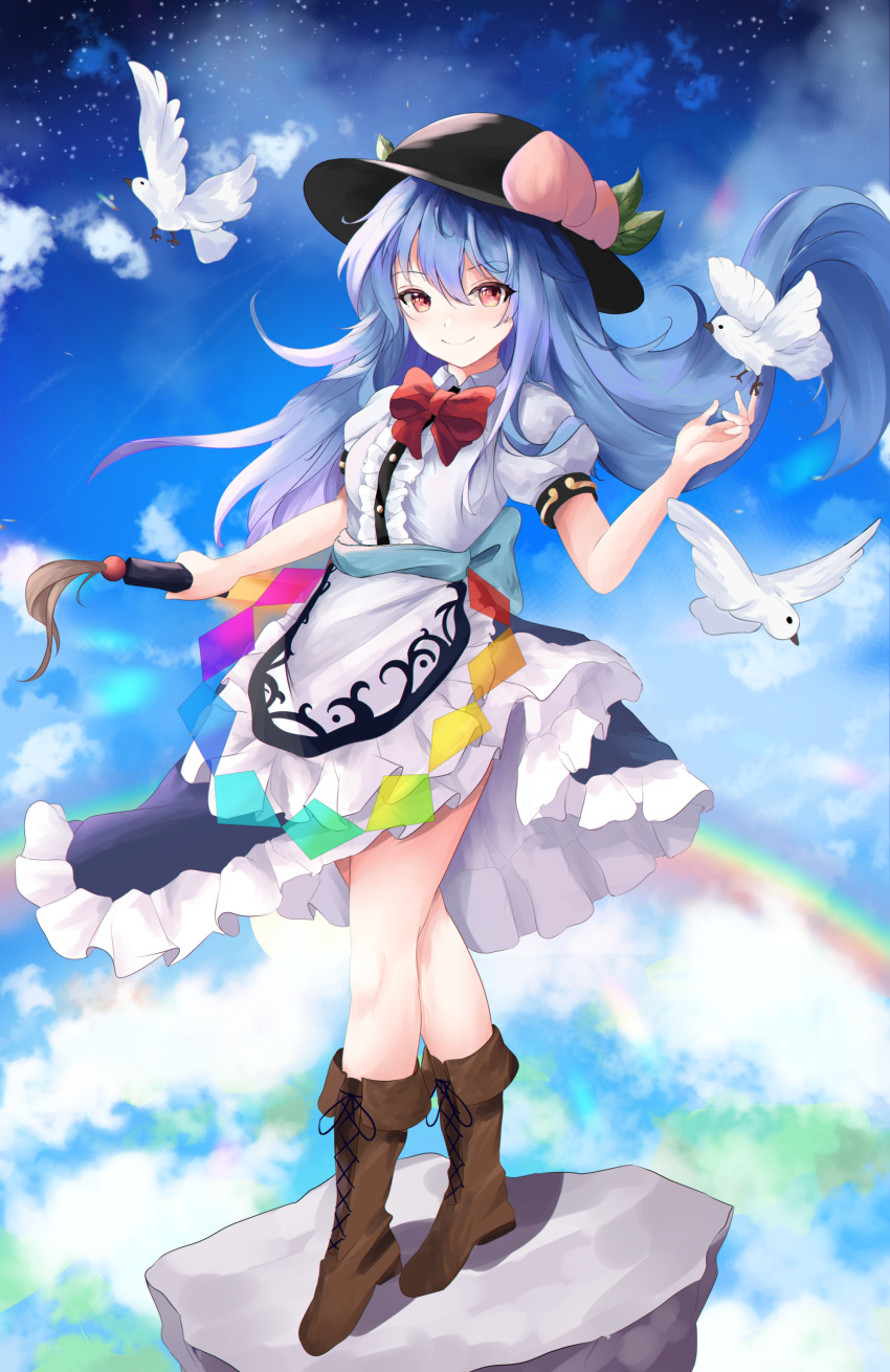 1girl absurdres bird black_headwear blue_hair blush boots bow bowtie brown_footwear clouds cross-laced_footwear eyebrows_visible_through_hair food fruit full_body hat highres hinanawi_tenshi leaf long_hair looking_at_viewer nose_blush orchid_(orukido) peach pink_eyes puffy_short_sleeves puffy_sleeves red_bow shirt short_sleeves skirt sky smile solo standing star_(sky) starry_sky touhou very_long_hair