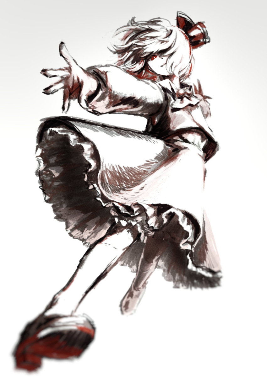 1girl ascot bangs commentary foreshortening full_body graphite_(medium) hair_ribbon highres long_sleeves looking_at_viewer monochrome muha_kakka one_eye_covered petticoat puffy_long_sleeves puffy_sleeves ribbon rumia shirt shoes short_hair skirt smile solo touhou traditional_media vest