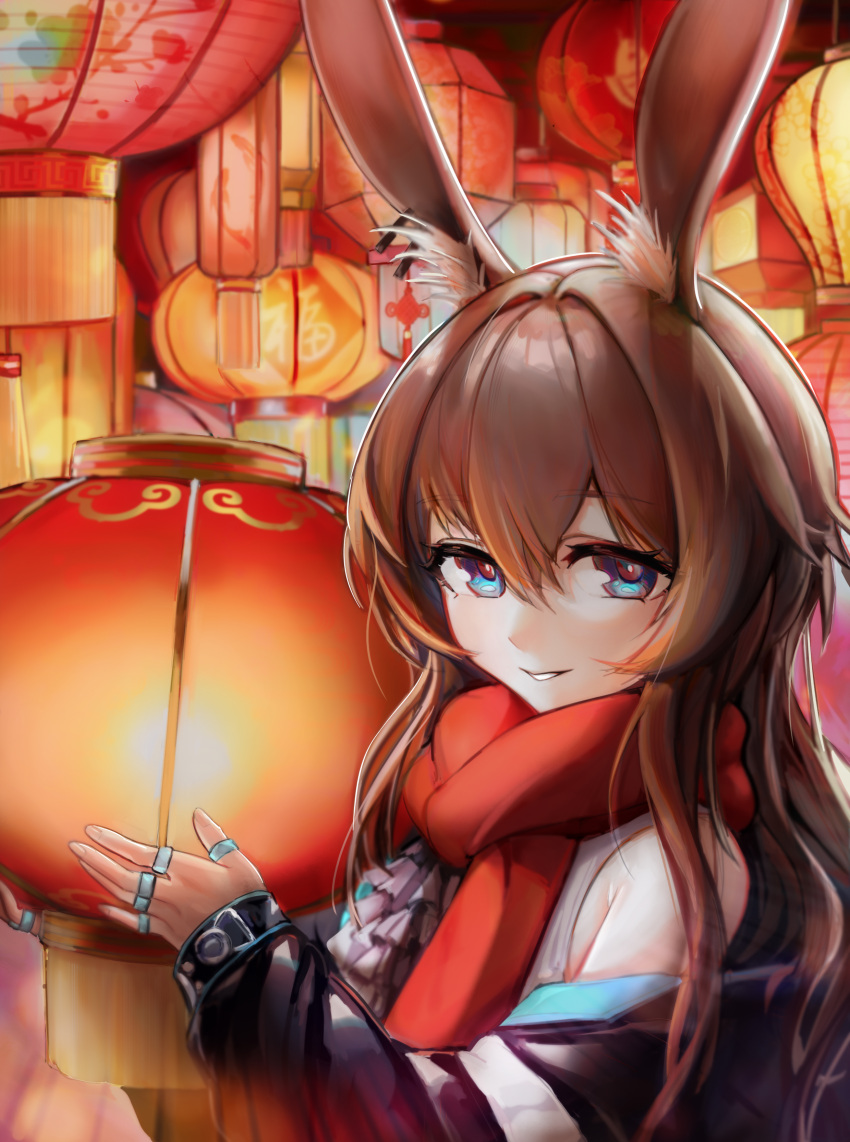 1girl absurdres amiya_(arknights) animal_ear_fluff animal_ears arknights bangs bare_shoulders black_jacket blue_eyes brown_hair chinese_commentary commentary_request grin hair_between_eyes highres jacket jewelry lantern long_hair long_sleeves looking_at_viewer off_shoulder paper_lantern parted_lips rabbit_ears ring smile solo uep upper_body