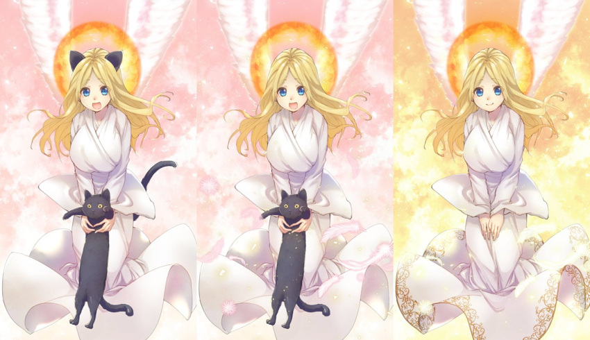 1girl :d angel_wings animal animal_ears black_cat black_cat_(elona) blonde_hair breasts cat cat_ears cat_girl cat_tail clouds dress ehekatl_of_luck elona feathers feet_out_of_frame flying gold_trim halo hands_on_own_thighs holding holding_animal large_breasts light_particles long_sleeves looking_at_viewer misono_mitama multiple_views own_hands_together robe sky smile tail v_arms variations white_dress white_wings wide_sleeves wings