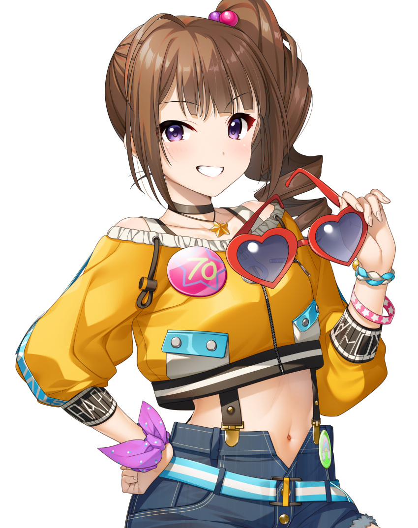 1girl absurdres ahoge bangs belt blue_shorts blush brown_hair choker commentary_request denim denim_shorts drill_ponytail eyebrows eyewear_on_head eyewear_removed hair_bobbles hair_ornament hand_up heart heart-shaped_eyewear highres idolmaster idolmaster_million_live! jacket jewelry long_hair long_sleeves looking_at_viewer midriff mikapoe navel necklace purple_scrunchie scrunchie shorts side_ponytail sidelocks simple_background smile solo star_(symbol) suspender_shorts suspenders violet_eyes white_background wrist_scrunchie yellow_jacket yokoyama_nao