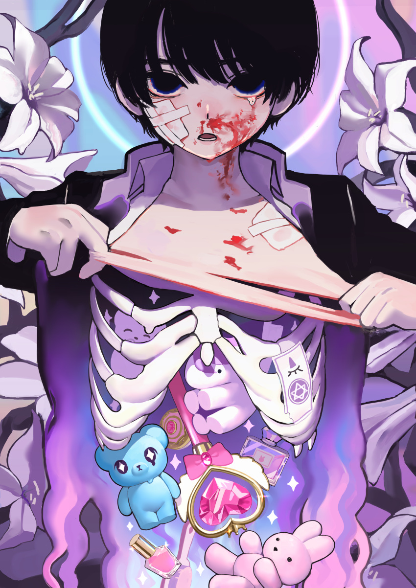 1boy absurdres bangs black_eyes black_hair blood blood_on_chest blood_on_face bloomers bottle chestnut_mouth compact_(cosmetics) empty_eyes exposed_bone eye_symbol flower gakuran guro hair_brush heart-shaped_gem highres kirara_yakubou looking_at_viewer male_focus nail_polish_bottle ofuda original pentagram perfume_bottle popped_collar ribs sanpaku school_uniform short_hair skeleton solo stuffed_animal stuffed_bunny stuffed_toy tearing_up teddy_bear unbuttoned underwear wand