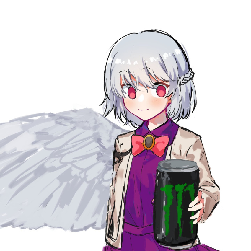1girl bow bowtie brown_jacket commeowdore dress drink grey_hair highres holding holding_drink jacket kishin_sagume looking_at_viewer monster_energy purple_dress short_hair simple_background touhou wings