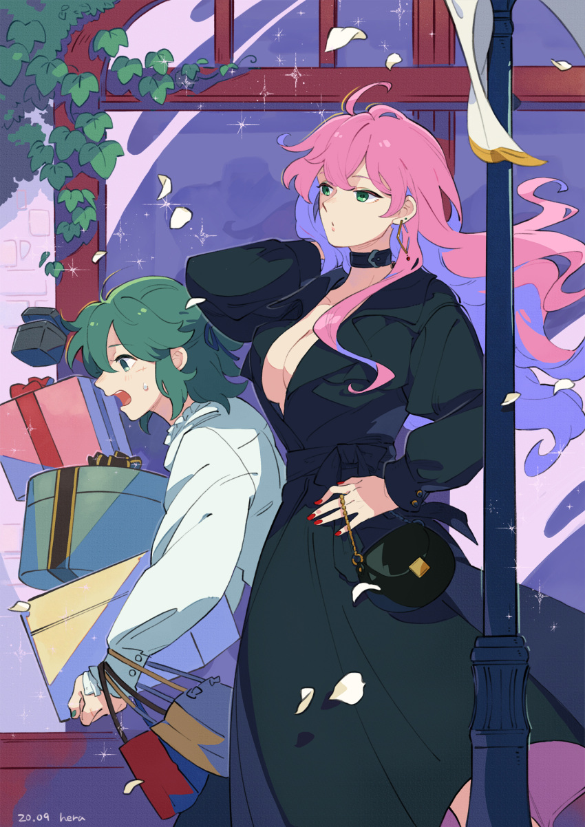 2girls ahoge bag bangs black_coat box box_stack breasts center_opening coat cowboy_shot dated day earrings floating_hair gift gift_box green_eyes green_hair hair_ribbon half_updo hand_in_own_hair hand_on_hip hand_up handbag height_difference herayoshi highres holding holding_box ivy jewelry kiki_(herayoshi) lamppost large_breasts long_hair long_sleeves multiple_girls nail_polish open_mouth original outdoors petals pink_hair puckered_lips puffy_long_sleeves puffy_sleeves red_nails ribbon scar scar_on_cheek scar_on_face shirt shopping shopping_bag short_hair sidelocks storefront sweatdrop tripping two-sided_fabric two-sided_skirt walking white_shirt wind yellow_ribbon