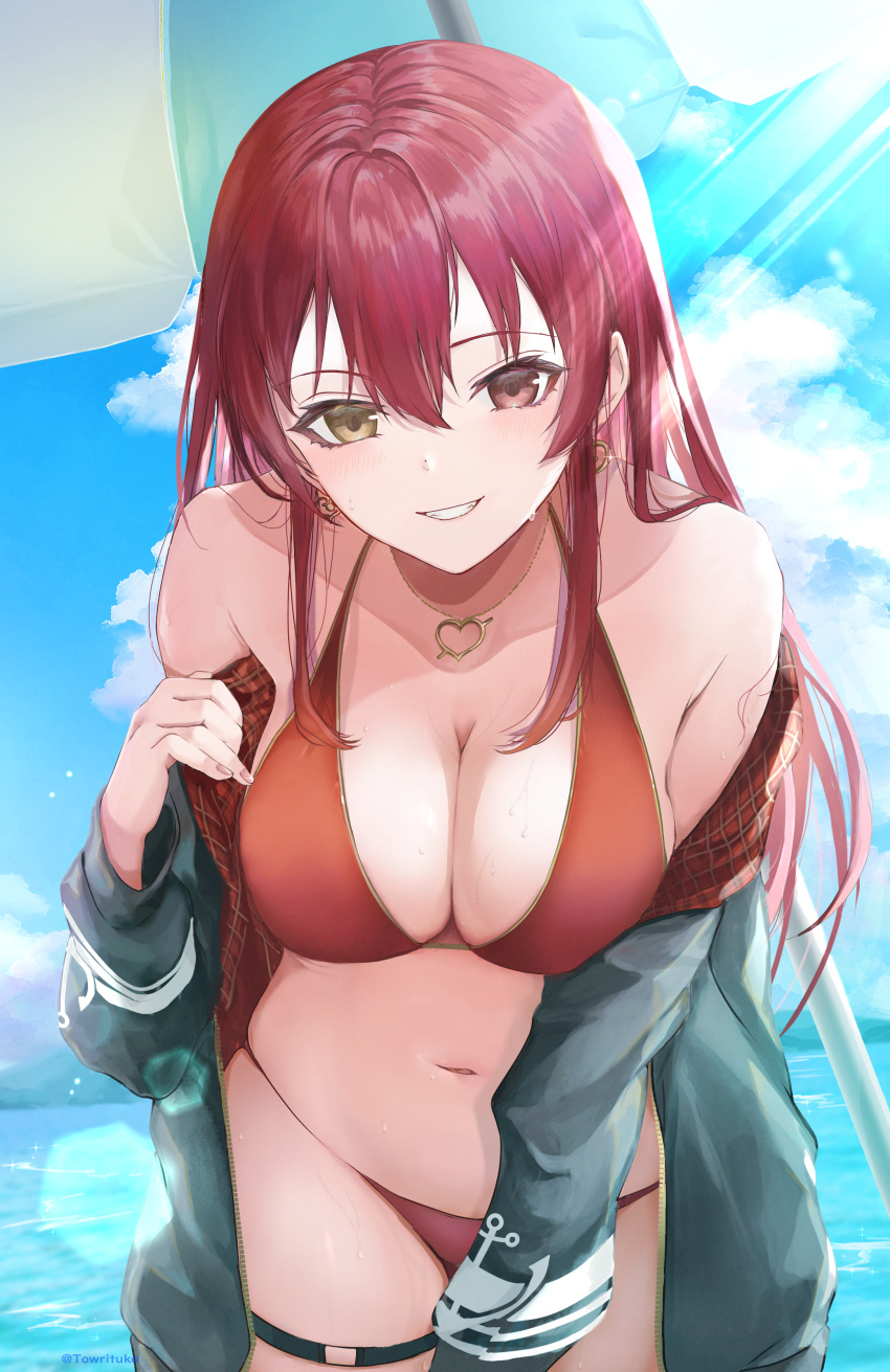 1girl absurdres anchor_symbol arrow_through_heart bangs bare_shoulders beach_umbrella bikini black_jacket blue_sky breasts clouds earrings grin hair_down hand_up heart heart_earrings heart_necklace heterochromia highres hololive houshou_marine jacket jewelry large_breasts leaning_forward lens_flare long_hair looking_at_viewer navel off_shoulder outdoors plaid red_eyes redhead sky smile solo stomach straight_hair sunlight swimsuit thigh_strap towrituka two-sided_fabric two-sided_jacket umbrella virtual_youtuber wet yellow_eyes