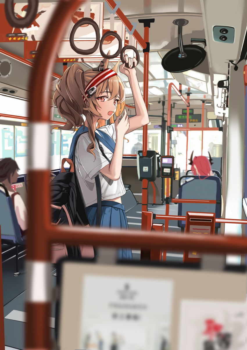 1boy 2girls absurdres angelina_(arknights) animal_ears arknights arm_up auguste backpack bag bangs black_bag blue_sailor_collar blue_skirt blurry blurry_foreground brown_hair bus_interior depth_of_field eyebrows_visible_through_hair fox_ears from_side hairband highres long_hair looking_at_viewer looking_to_the_side multiple_girls open_mouth pleated_skirt red_eyes red_hairband sailor_collar school_uniform serafuku shirt short_sleeves skirt solo_focus standing surtr_(arknights) thorns_(arknights) twintails white_shirt yawning