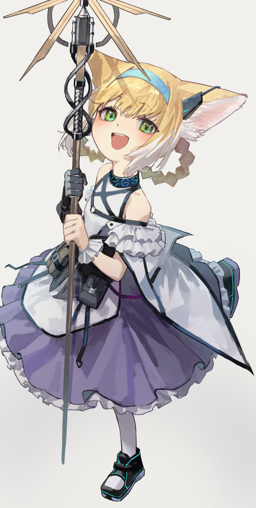 1girl :d absurdres animal_ear_fluff animal_ears arknights bangs bare_shoulders black_footwear black_gloves blonde_hair blue_hairband blush braid commentary eyebrows_visible_through_hair fox_ears frilled_skirt frills gloves green_eyes grey_background hair_between_eyes hair_rings hairband highres holding holding_staff infection_monitor_(arknights) looking_at_viewer multicolored_hair pantyhose purple_skirt shirt shoes simple_background single_glove skirt smile solo staff standing standing_on_one_leg suzuran_(arknights) twin_braids two-tone_hair white_hair white_legwear white_shirt yoon_cook