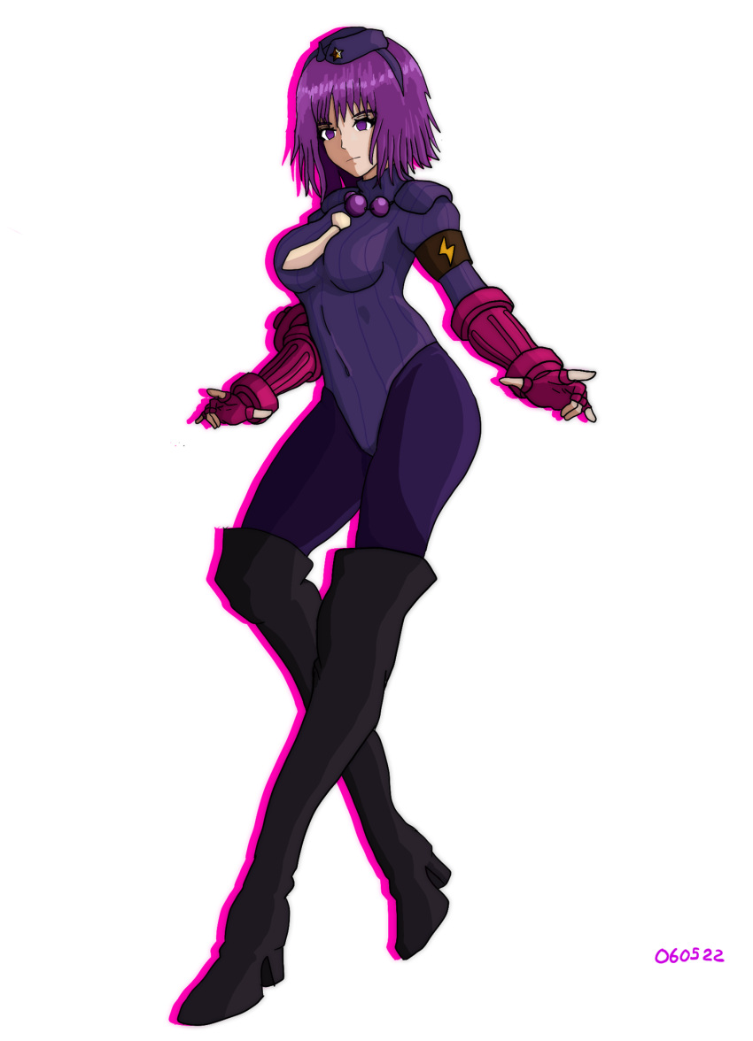 absurdres asamiya_athena bad_end bodysuit boots capcom corruption crossover highres leather leather_boots mind_control necktie purple_hair shadaloo_dolls snk street_fighter the_king_of_fighters violet_eyes