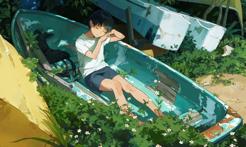 1girl ahoge arms_up bangs bare_legs barefoot blue_shorts boat closed_eyes closed_mouth commentary_request facing_down feet_out_of_frame flower foliage grass hand_on_own_cheek hand_on_own_face highres kotatiyu original outdoors own_hands_together plant_request rope sand shirt short_hair short_sleeves shorts sitting sleeping smile solo watercraft white_shirt