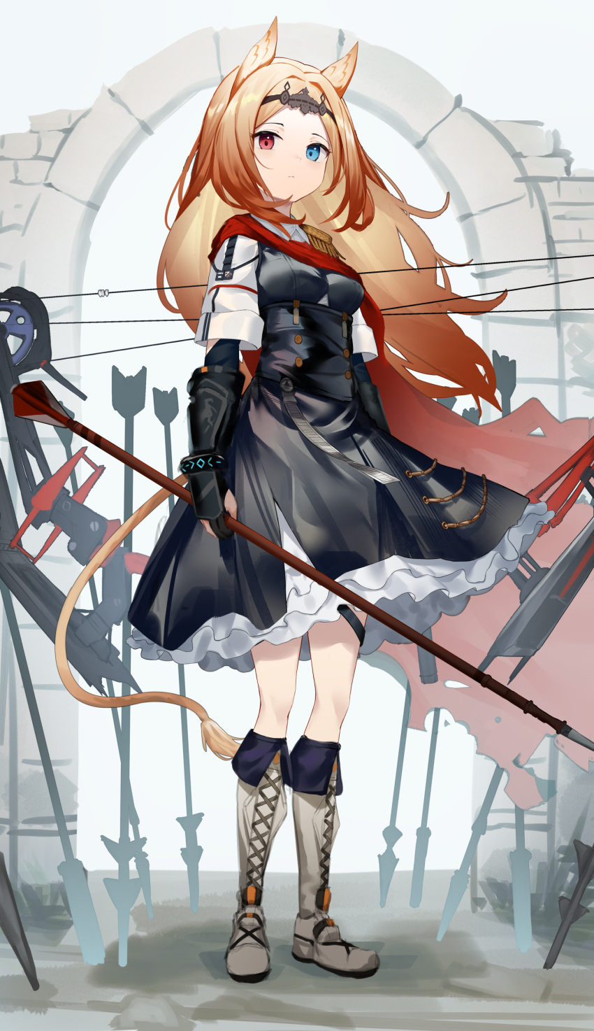 1girl absurdres animal_ears archetto_(arknights) arknights arrow_(projectile) black_dress black_gloves black_wristband blue_eyes boots bow bow_(weapon) breasts brown_hair buttons cape compound_bow dress fingerless_gloves full_body gloves grey_hair heterochromia highres holding holding_arrow holding_bow infection_monitor_(arknights) lion_tail long_hair looking_at_viewer oversized_object planted planted_arrow red_cape red_eyes small_breasts solo standing tail tiara very_long_hair wazd0183 weapon