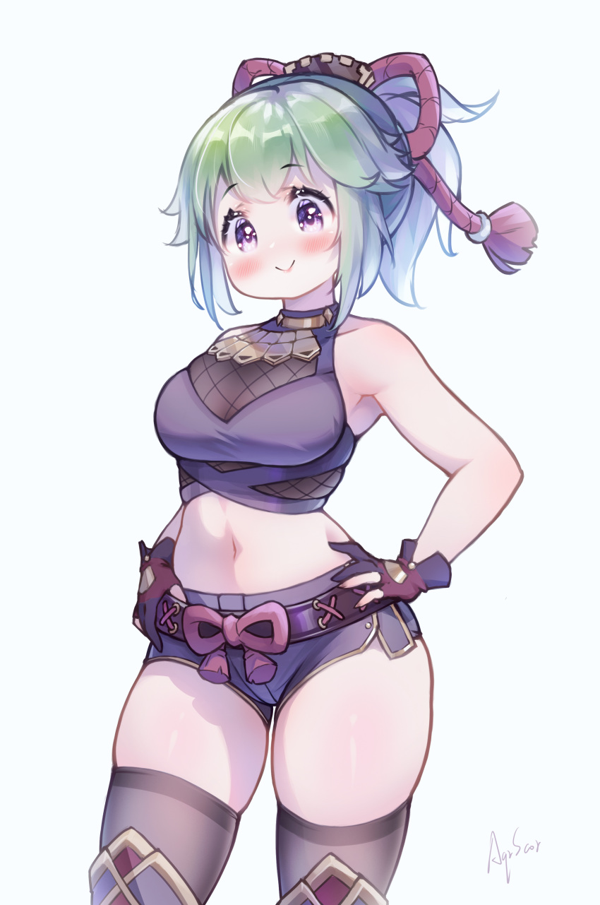 1girl :&gt; absurdres bangs bare_arms bare_shoulders blue_background blush breasts commentary_request cowboy_shot crop_top eyebrows_visible_through_hair fishnets genshin_impact gloves green_hair highres kuki_shinobu laugh_scorpion looking_at_viewer medium_breasts midriff navel ponytail purple_shirt purple_shorts shirt short_hair short_shorts shorts sidelocks signature simple_background skindentation sleeveless sleeveless_shirt smile solo standing stomach thigh-highs thighs violet_eyes