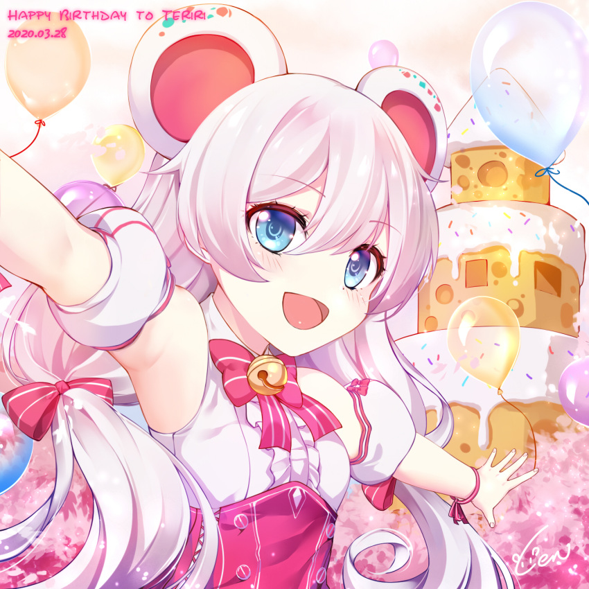 1girl :d animal_ears balloon bare_shoulders bell birthday_cake blue_eyes bow bowtie cake cen_(cenll) character_name dress fake_animal_ears fingernails food happy_birthday highres honkai_(series) honkai_impact_3rd looking_at_viewer mouse_ears neck_bell open_mouth pink_bow pink_bowtie sleeveless sleeveless_dress smile solo theresa_apocalypse white_dress white_hair