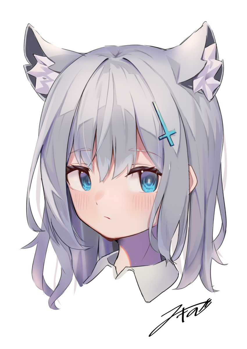 1girl akinoji_(akiponpon27) animal_ear_fluff animal_ears bangs blue_archive blue_eyes blush bright_pupils cat_ears closed_mouth cross_hair_ornament eyebrows_visible_through_hair grey_hair hair_ornament highres long_hair looking_at_viewer mismatched_pupils portrait shiroko_(blue_archive) signature simple_background solo white_background wing_collar