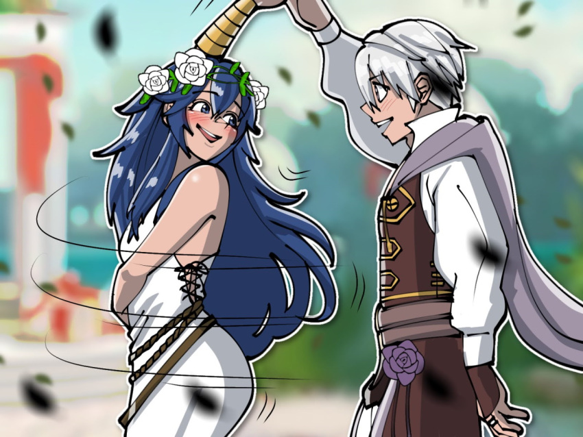 blue_hair blush breasts cape dancing dress fire_emblem fire_emblem_awakening fire_emblem_heroes flower hair_flower hair_ornament jewelry leaves_in_wind long_hair lucina_(fire_emblem) mnejing30 popped_collar purple_flower ring robin_(fire_emblem) robin_(fire_emblem)_(male) side_slit sleeveless sleeveless_dress small_breasts smile white_flower white_hair