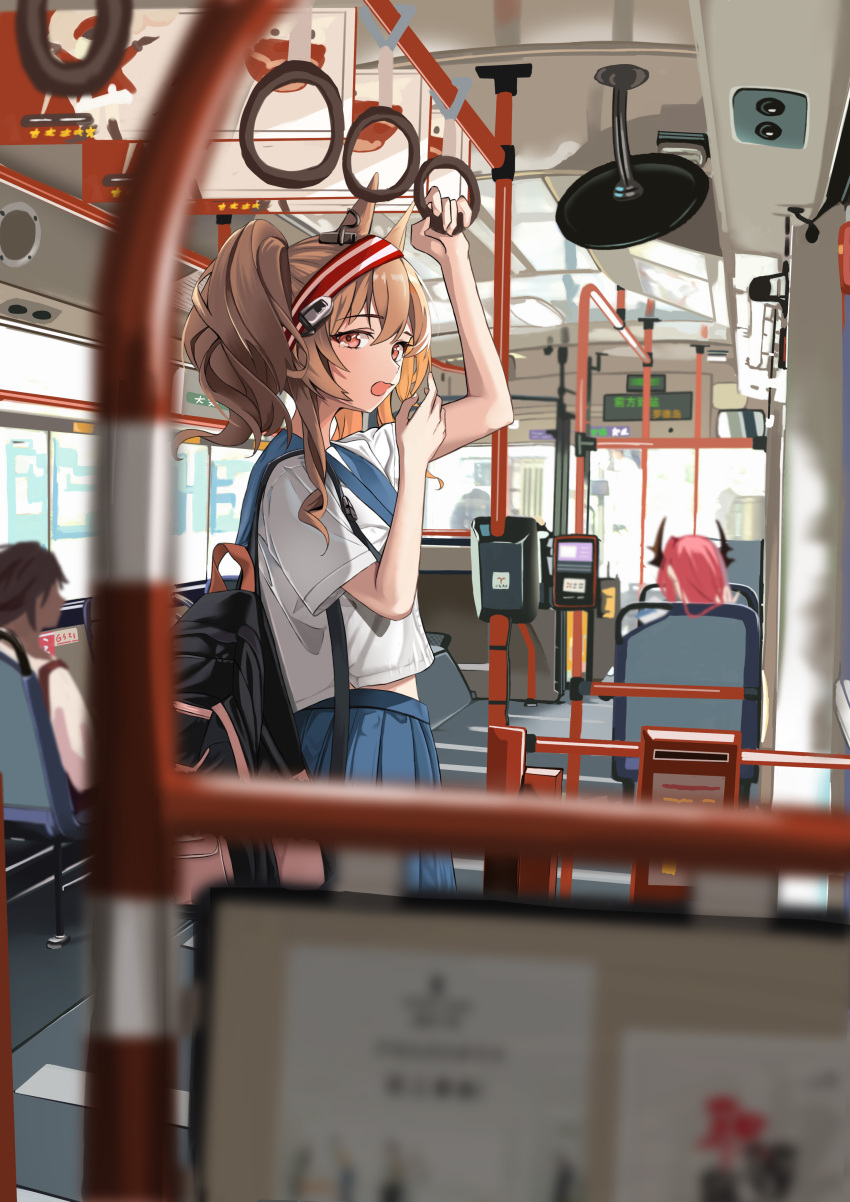 1boy 2girls absurdres angelina_(arknights) animal_ears arknights arm_up auguste backpack bag bangs black_bag blue_sailor_collar blue_skirt blurry blurry_foreground brown_hair bus_interior depth_of_field eyebrows_visible_through_hair fox_ears from_side hairband highres long_hair looking_at_viewer looking_to_the_side multiple_girls open_mouth pleated_skirt red_eyes red_hairband revision sailor_collar school_uniform serafuku shirt short_sleeves skirt solo_focus standing surtr_(arknights) thorns_(arknights) twintails white_shirt yawning