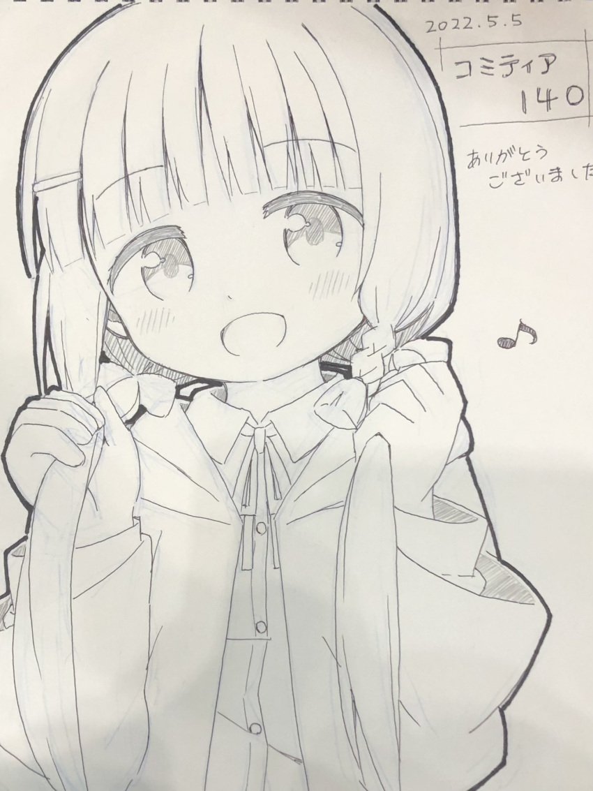 1girl :d ayanepuna bangs blunt_bangs blush braid collared_shirt dress_shirt eighth_note eyebrows_visible_through_hair greyscale hair_ornament hairclip hands_up highres holding holding_hair hood hood_down hooded_jacket jacket long_hair long_sleeves looking_at_viewer low_twintails monochrome musical_note neck_ribbon open_clothes open_jacket original photo_(medium) ribbon shirt sidelocks smile solo traditional_media twintails very_long_hair wide_sleeves