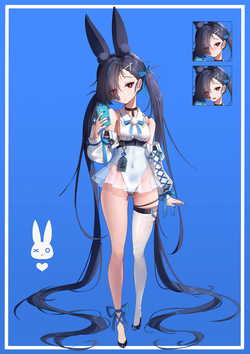 1girl :d absurdly_long_hair animal_ear_fluff animal_ears bangs bare_shoulders black_footwear black_hair blue_background blue_bow blue_hair blue_nails blush bow breasts cellphone closed_mouth commentary_request covered_navel detached_sleeves expressions eyebrows_visible_through_hair eyes_visible_through_hair hair_bow hair_ornament hair_over_one_eye hairclip highres holding holding_phone laevan leotard long_hair long_sleeves medium_breasts multicolored_hair nail_polish nose_blush original phone puffy_long_sleeves puffy_sleeves rabbit_ears red_eyes see-through shoes single_thighhigh smile standing streaked_hair thigh-highs twintails two-tone_background very_long_hair white_background white_legwear white_leotard white_sleeves
