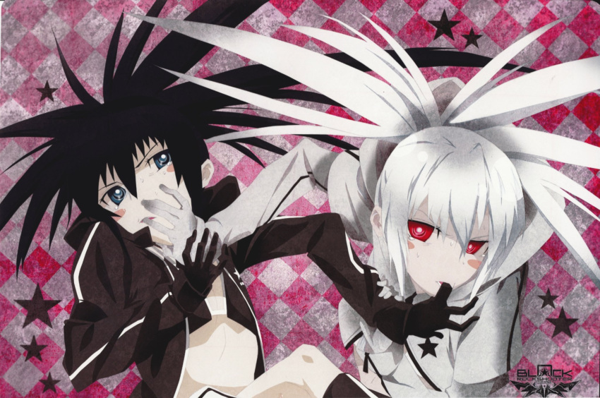 2girls black_hair black_rock_shooter black_rock_shooter_(character) black_rock_shooter_(game) blue_eyes blush_stickers checkered_background finger_in_another's_mouth flat_chest furrowed_brow gloves highres hood hoodie leg_up magenta_eyes multiple_girls official_art scan spiky_hair star_(symbol) stella_(black_rock_shooter) sweatdrop tears twintails ufotable white_hair white_rock_shooter