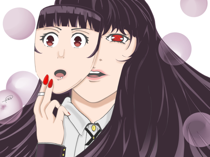 1girl absurdres bangs black_hair bottomless brown_eyes bubble fringe_trim highres jabami_yumeko kakegurui long_hair mask non-web_source open_mouth red_eyes solo tooth