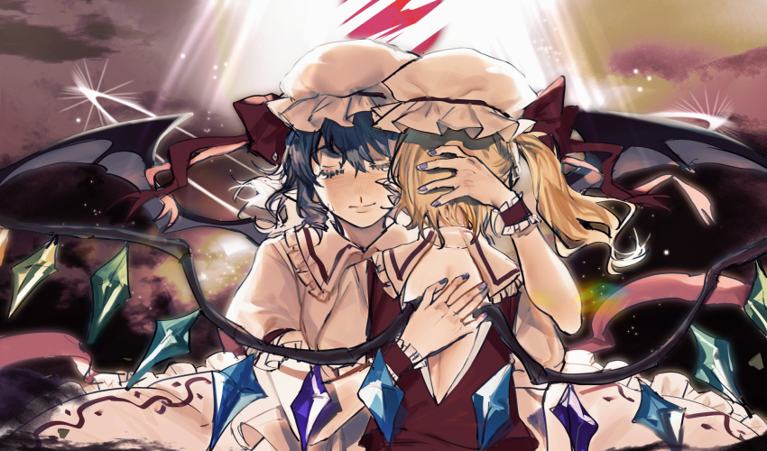 2girls backless_outfit bat_wings blonde_hair blue_hair blue_nails closed_eyes closed_mouth collared_shirt commentary crying crystal fingernails flandre_scarlet frilled_shirt_collar frills hair_between_eyes hand_on_another's_back hand_on_another's_head hat hat_ribbon heinrich_(fernanderuddle) highres hug mob_cap multiple_girls nail_polish one_side_up red_ribbon red_vest remilia_scarlet ribbon shirt short_hair skirt smile tears touhou vest white_headwear white_shirt white_skirt wings wrist_cuffs