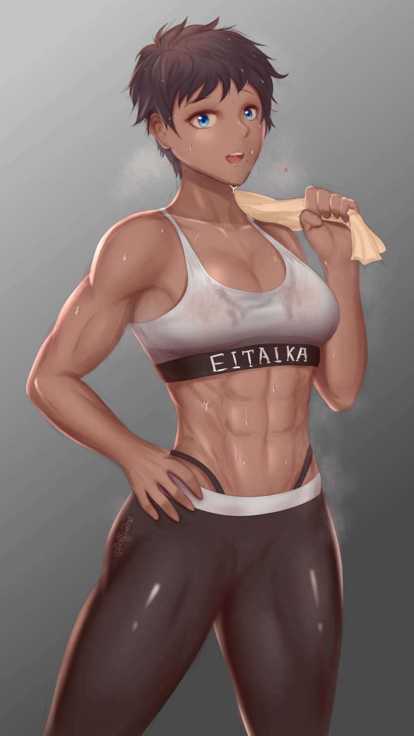 1girl abs absurdres bare_shoulders blue_eyes bra breasts brown_hair fluffydus grey_background hand_on_hip highres looking_at_viewer muscular muscular_female one-punch_man open_mouth see-through see-through_bra short_hair small_breasts sports_bra steam steaming_body suiko_(one-punch_man) sweat sweaty_clothes thighs towel underwear white_sports_bra